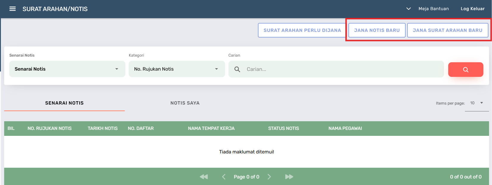 Halaman Surat Arahan/Notis