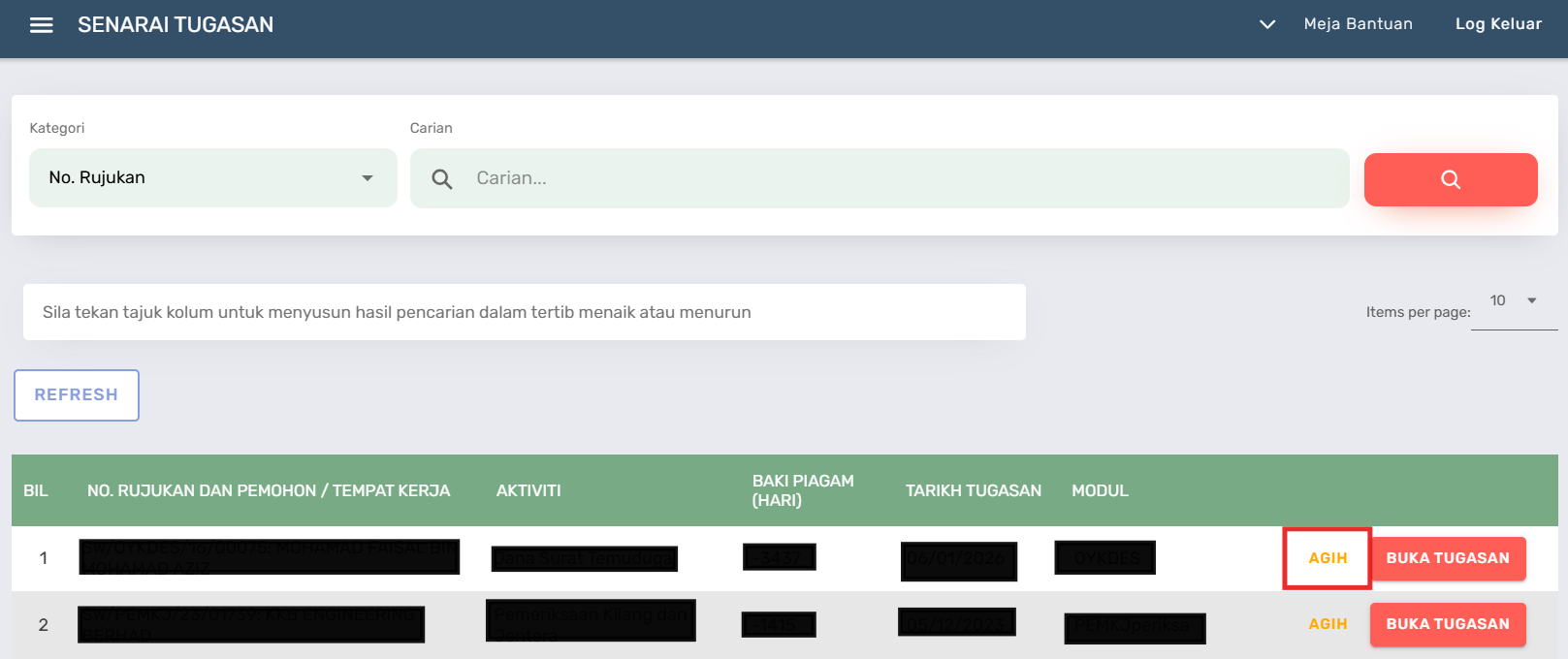 Halaman Senarai Tugasan
