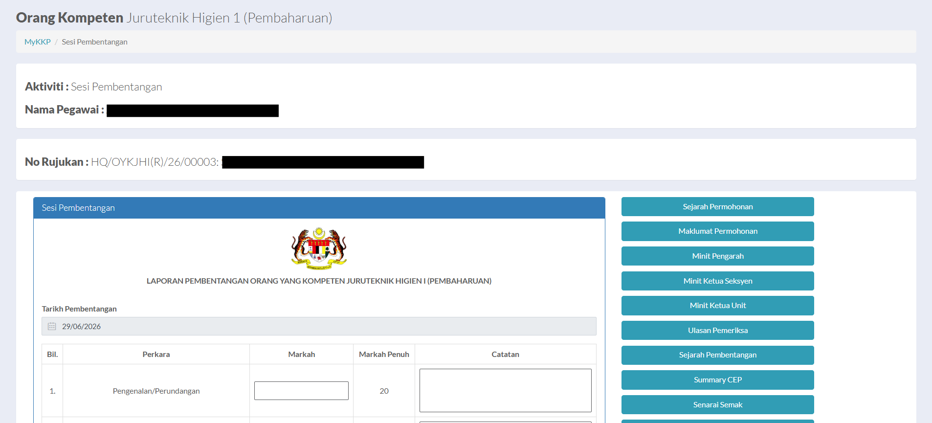 Halaman Sesi Pembentangan / Penilaian