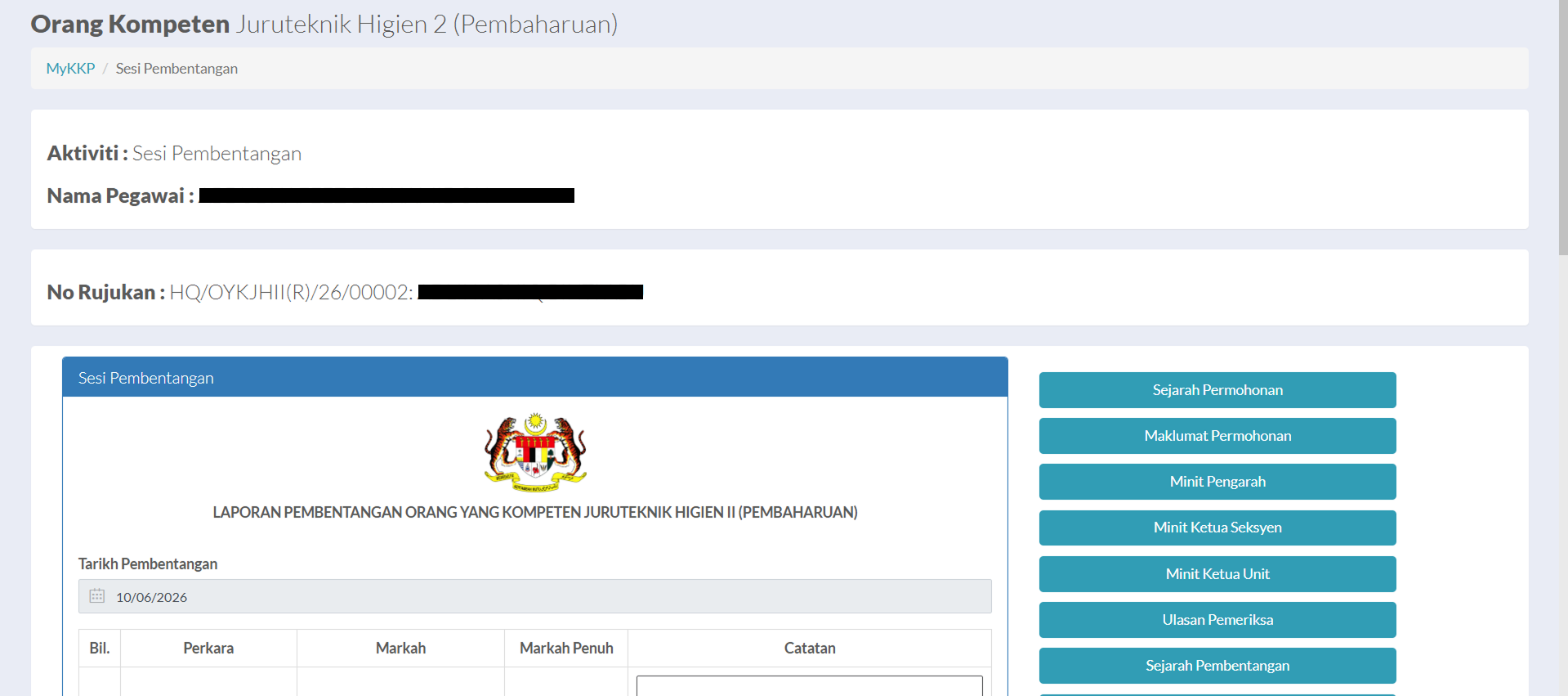 Halaman Sesi Pembentangan / Penilaian
