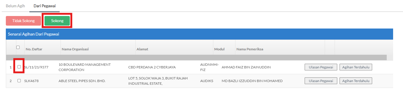 Jadual Senarai Agihan Dari Pegawai