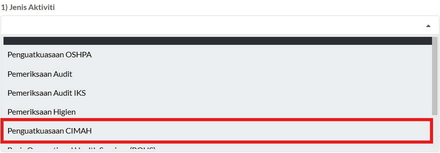 Senarai Dropdown Jenis Aktiviti
