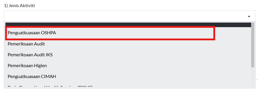 Senarai Dropdown Jenis Aktiviti