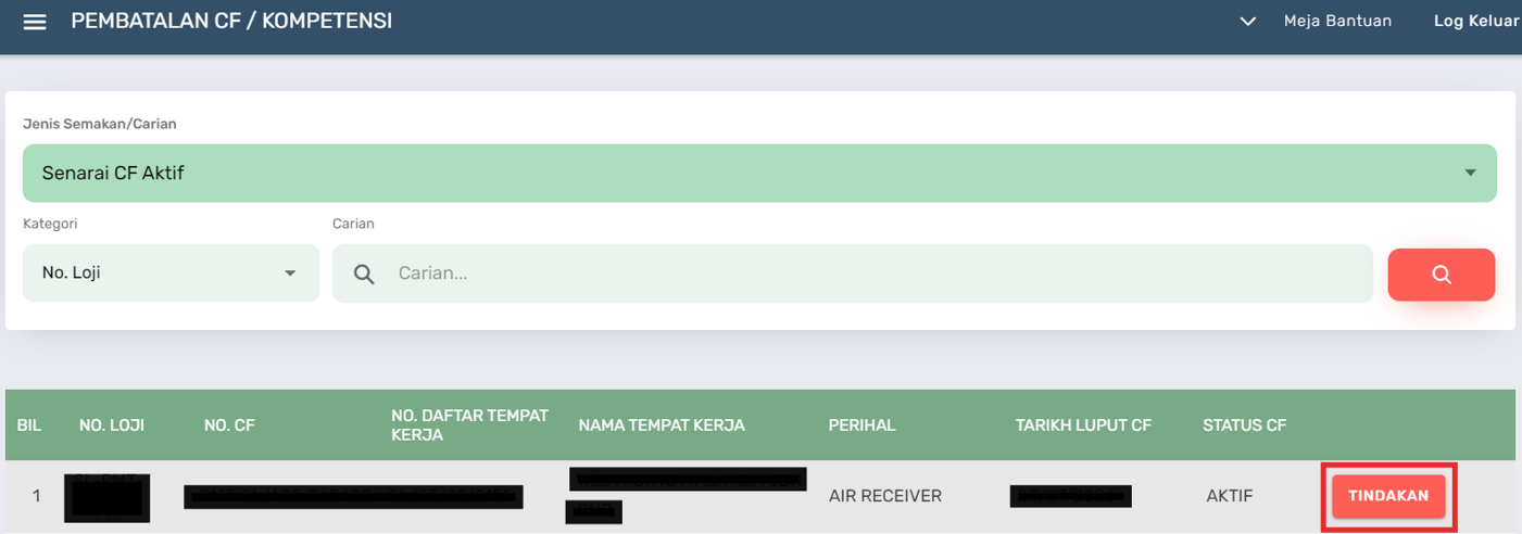 Halaman Paparan CF Aktif