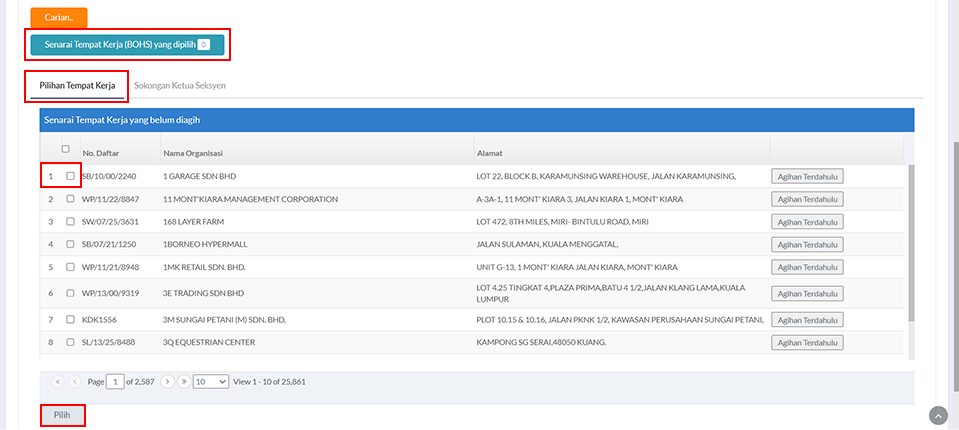 Pilih Tempat Kerja Untuk Agihan Kendiri Pegawai