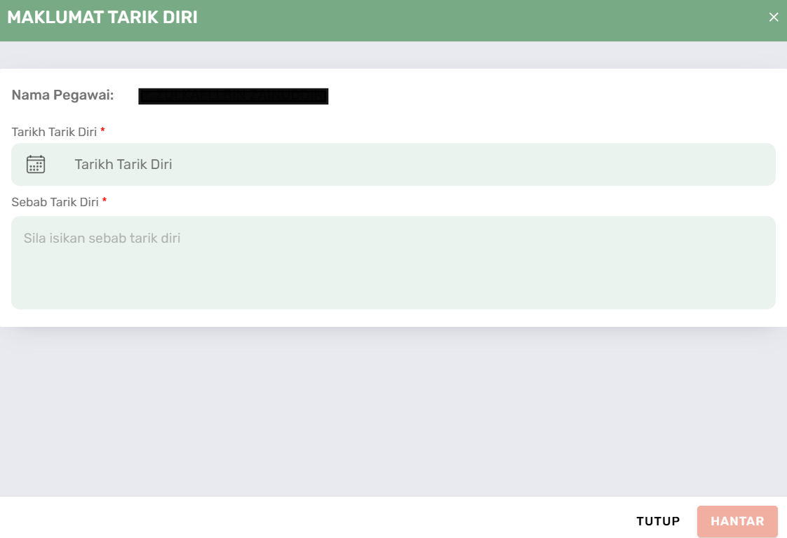 Popup Maklumat Tarik Diri
