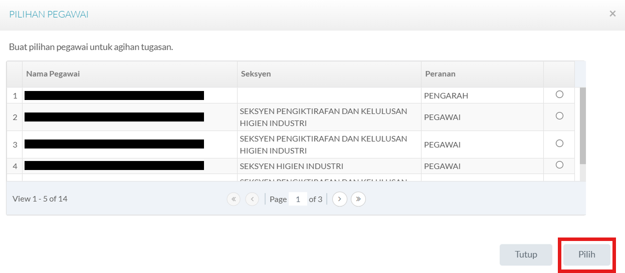Pop-up Pilihan Pegawai Pemeriksa