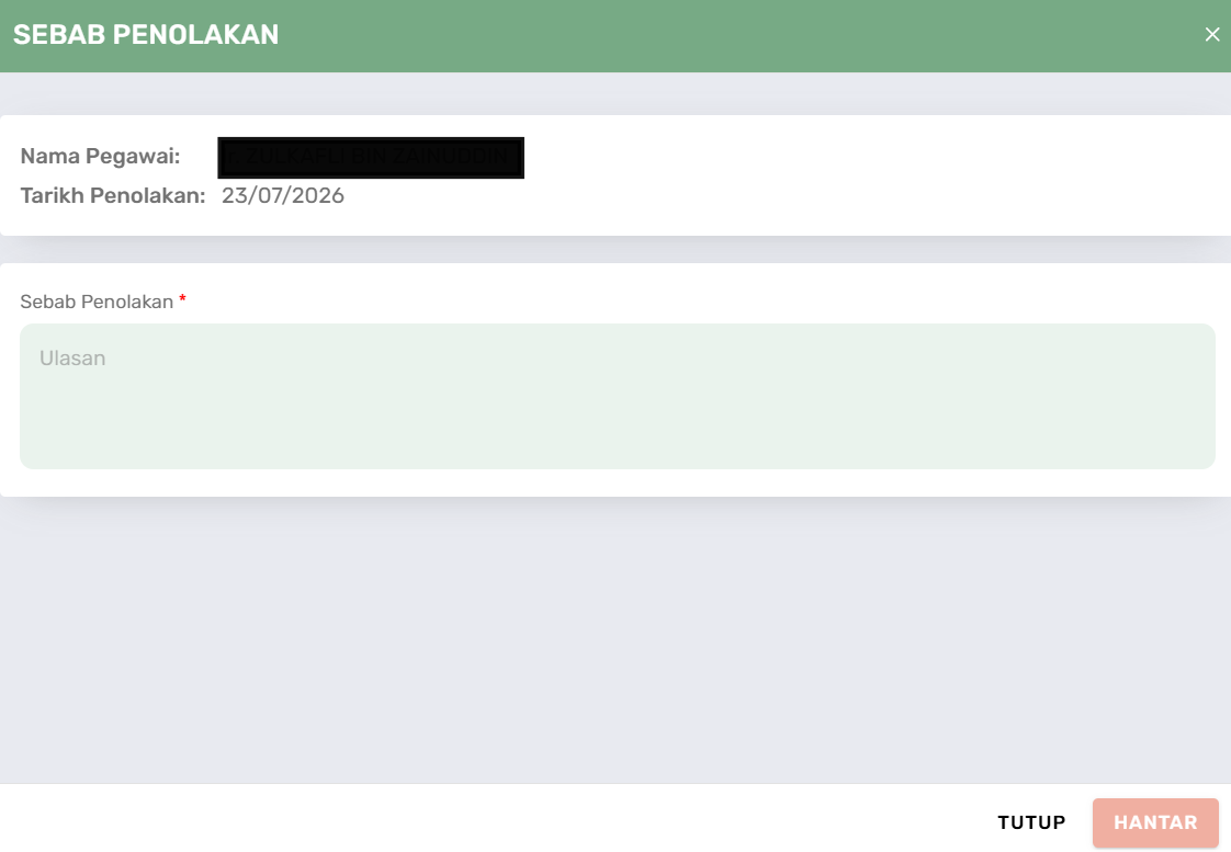 Popup Sebab Penolakan
