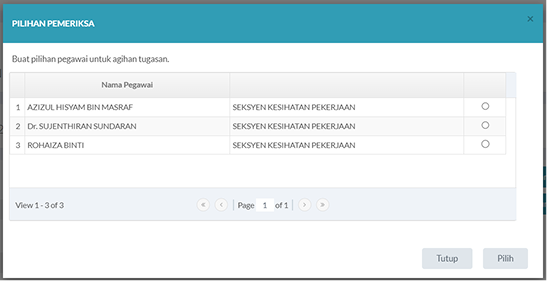 Pop-up Pilihan Pegawai Pemeriksa
