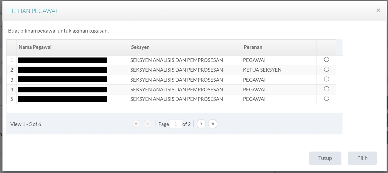 Pop-up Pilihan Pegawai Pemeriksa