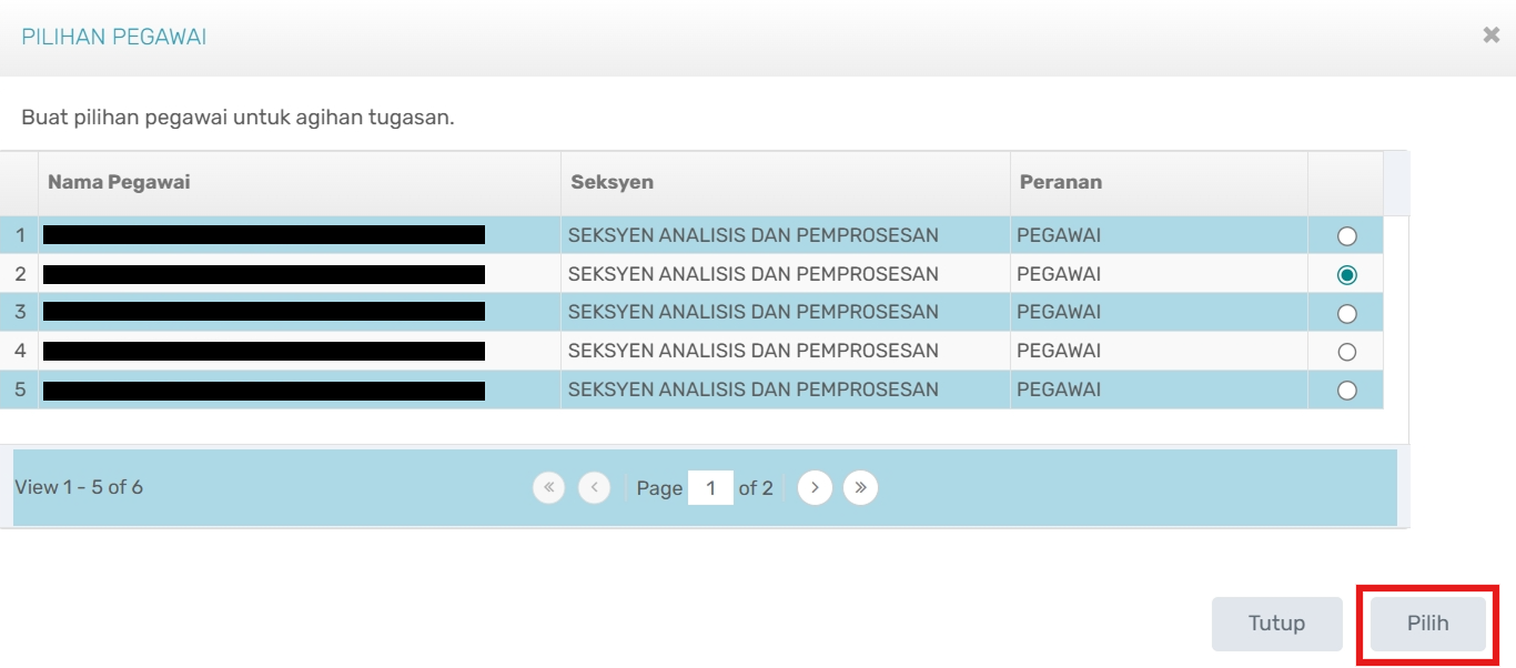 Pop-up Pilihan Pegawai Pemeriksa