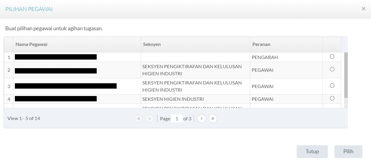 Pop-up Pilihan Pegawai Pemeriksa