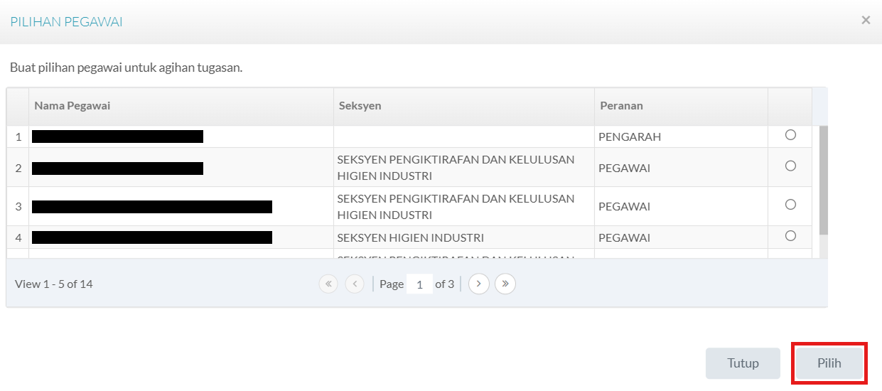 Pop-up Pilihan Pegawai Pemeriksa