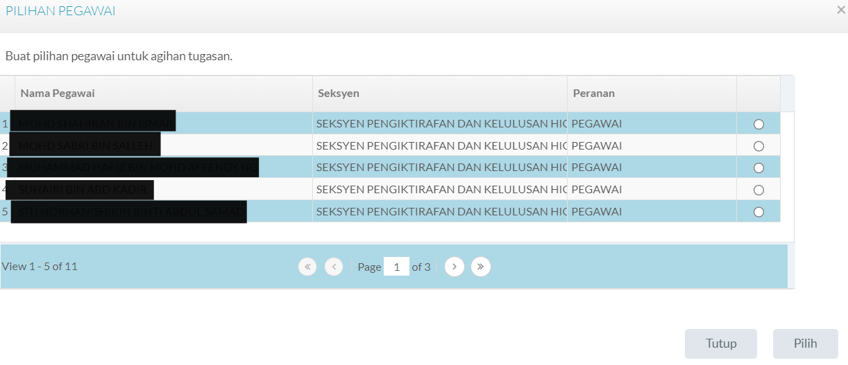 Pop-up Pilihan Pegawai Pemeriksa