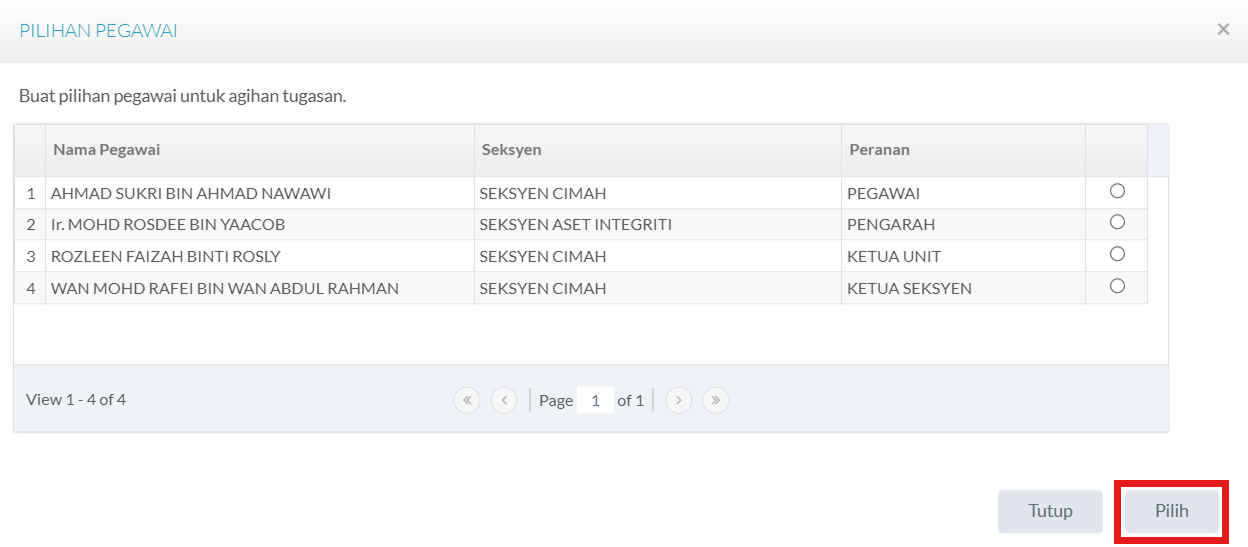 Pop-up Pilihan Pegawai Pemeriksa