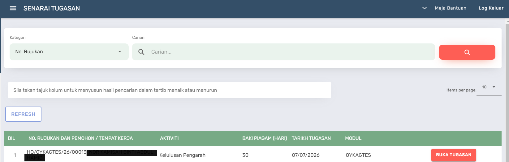Halaman Senarai Tugasan