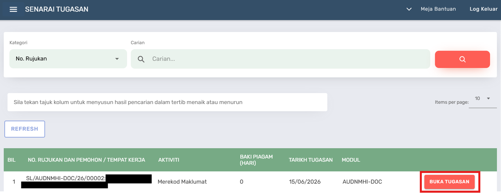 Halaman Senarai Tugasan