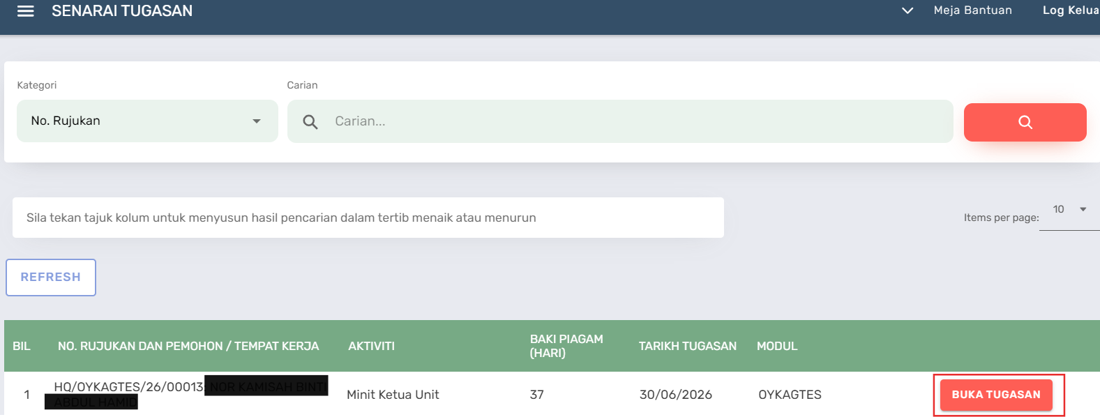 Halaman Senarai Tugasan