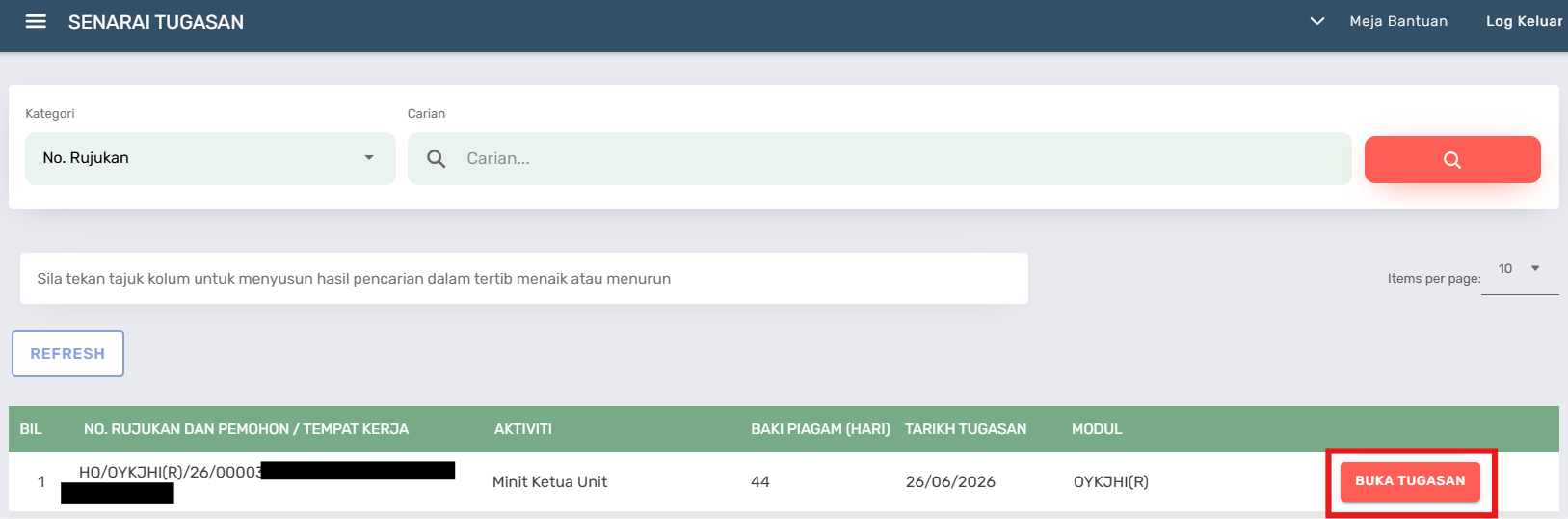 Halaman Senarai Tugasan