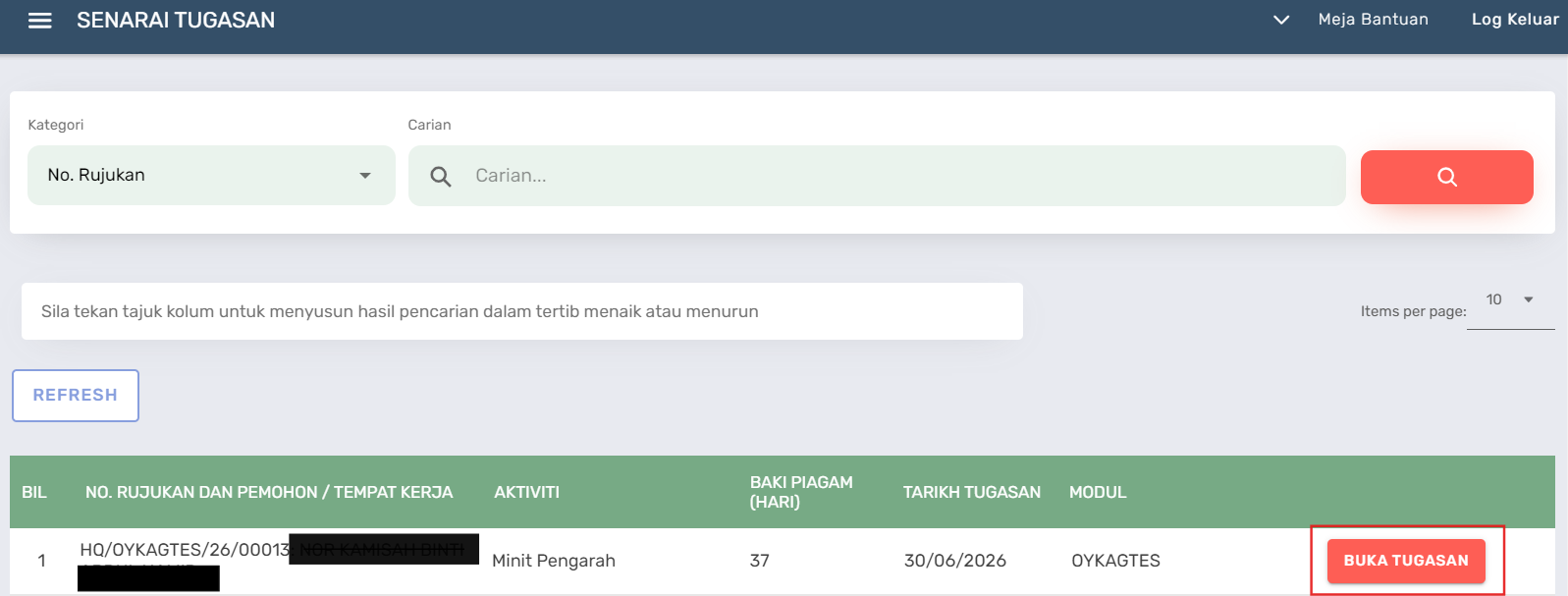 Halaman Senarai Tugasan