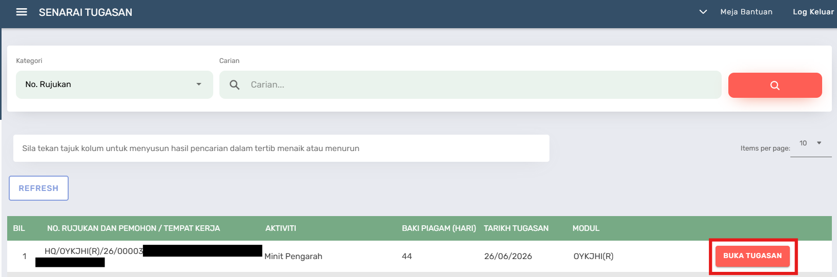 Halaman Senarai Tugasan