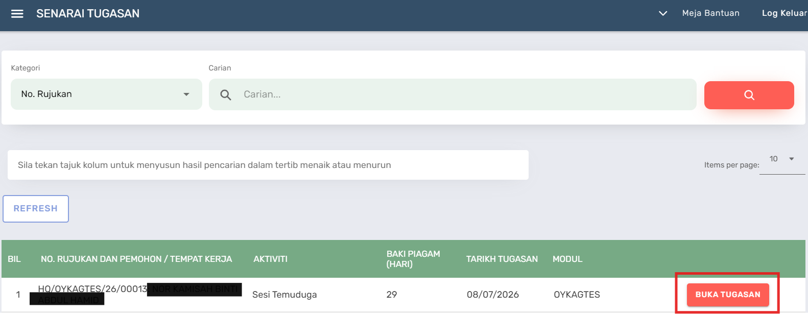 Halaman Senarai Tugasan