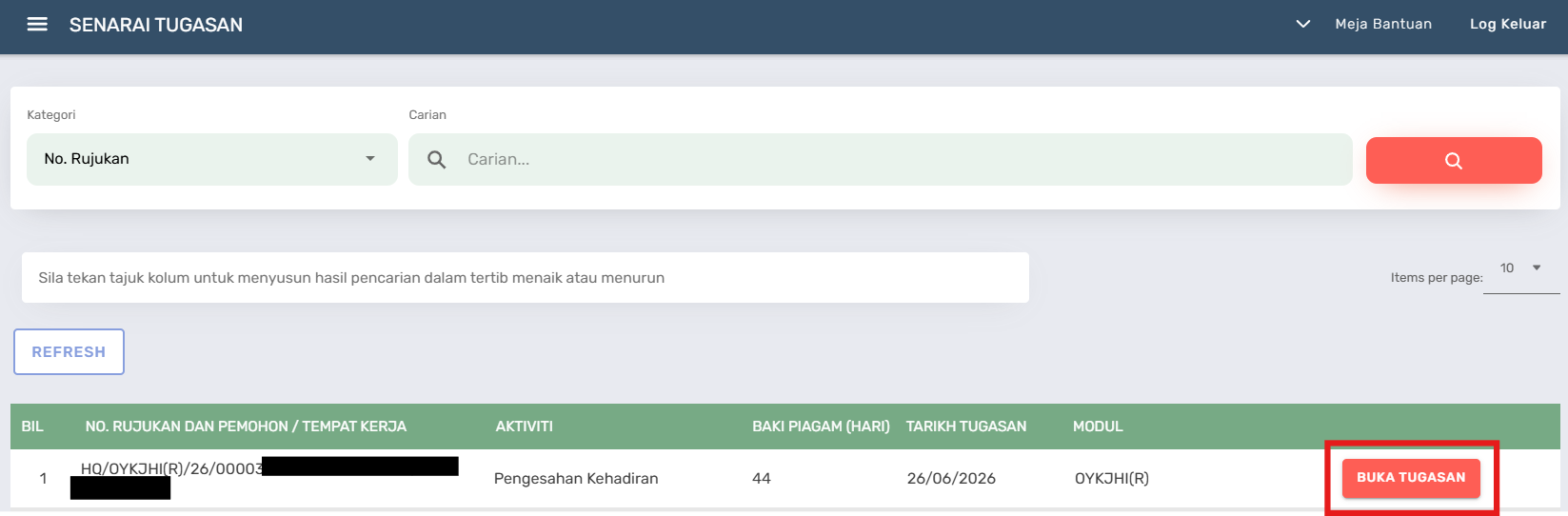 Halaman Senarai Tugasan