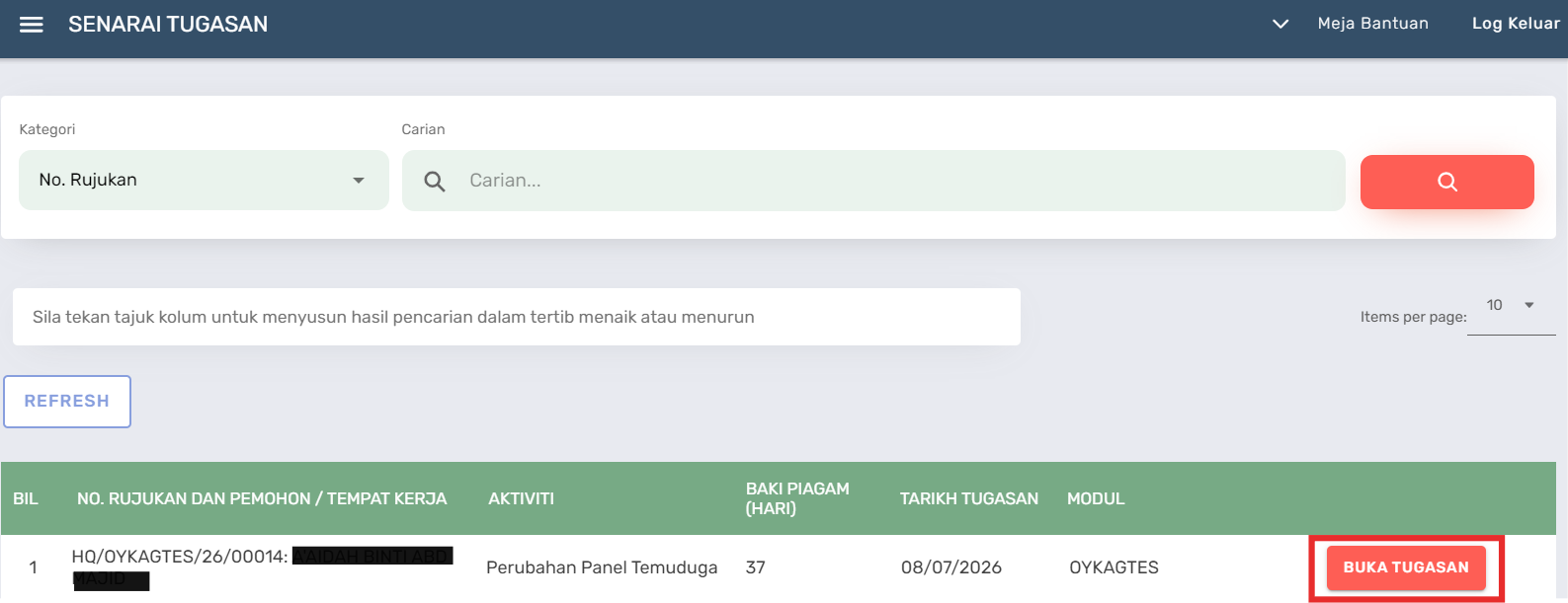 Halaman Senarai Tugasan