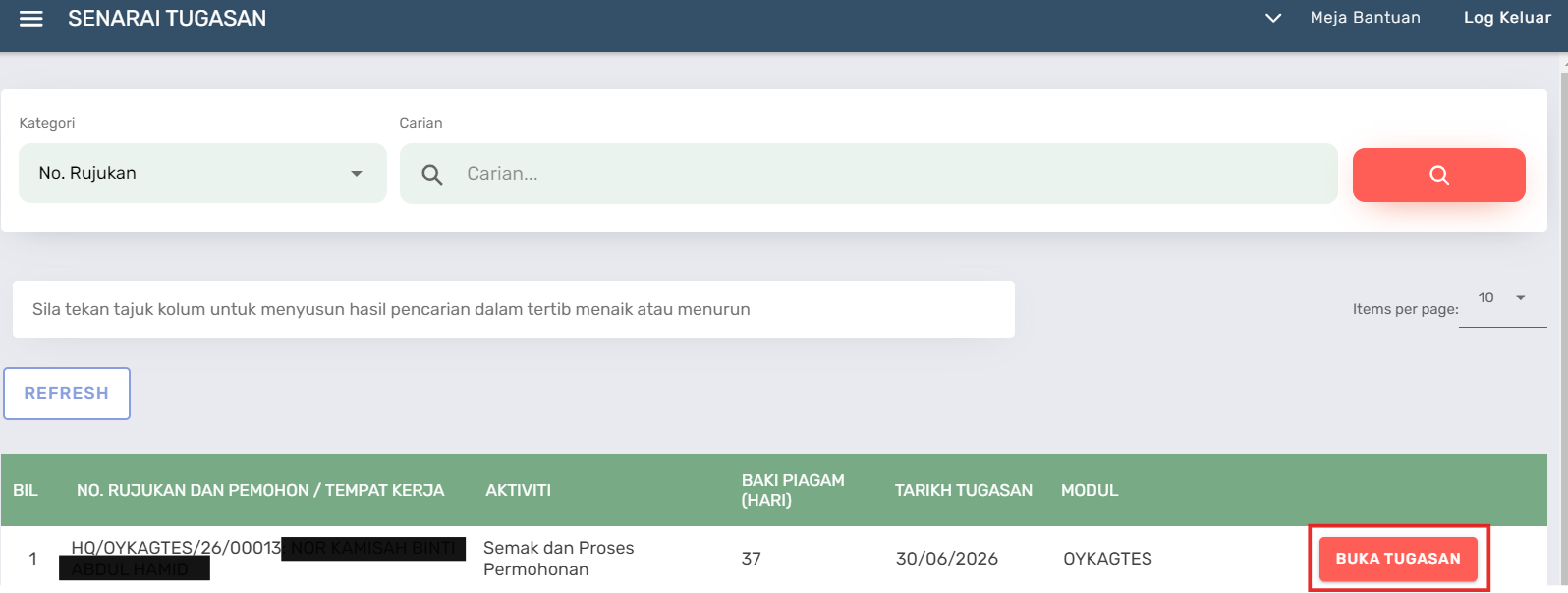 Halaman Senarai Tugasan