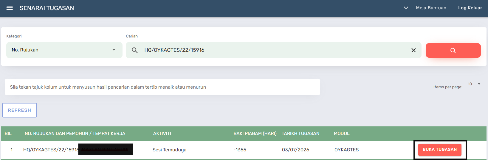 Halaman Senarai Tugasan