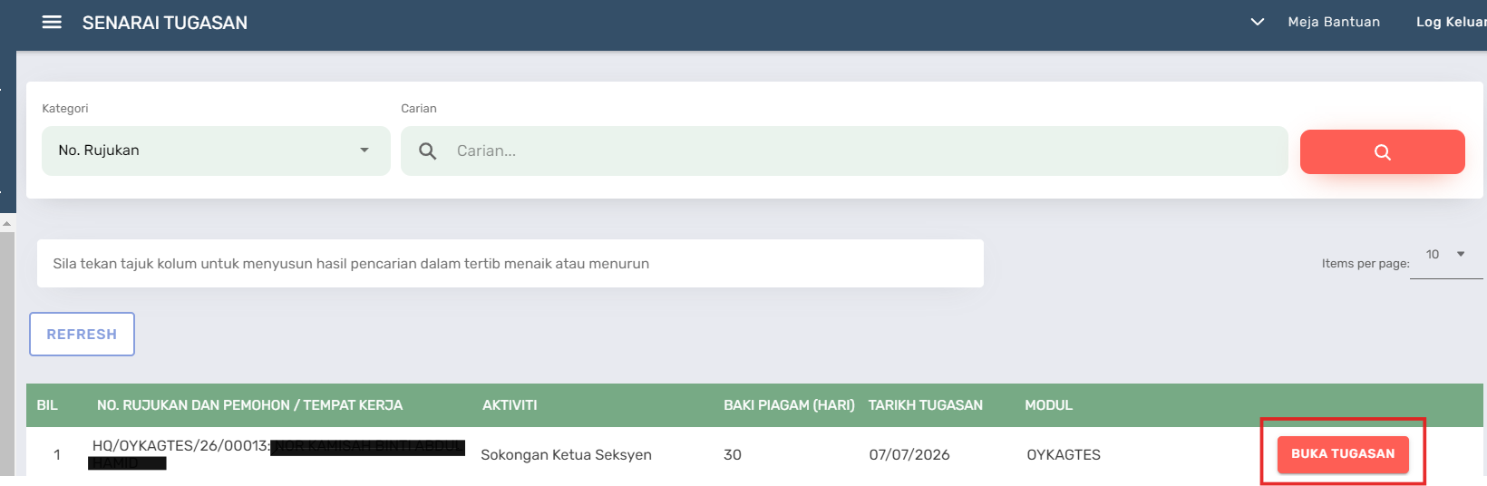 Halaman Senarai Tugasan