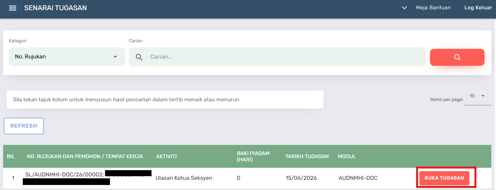 Halaman Senarai Tugasan