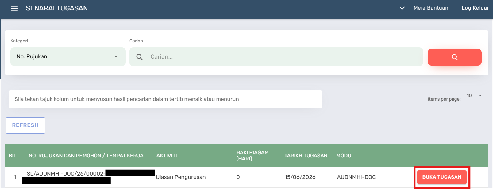 Halaman Senarai Tugasan