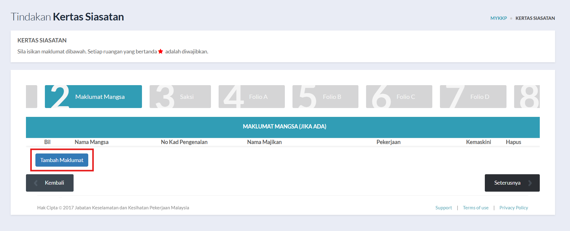 Tab 2: Maklumat Mangsa